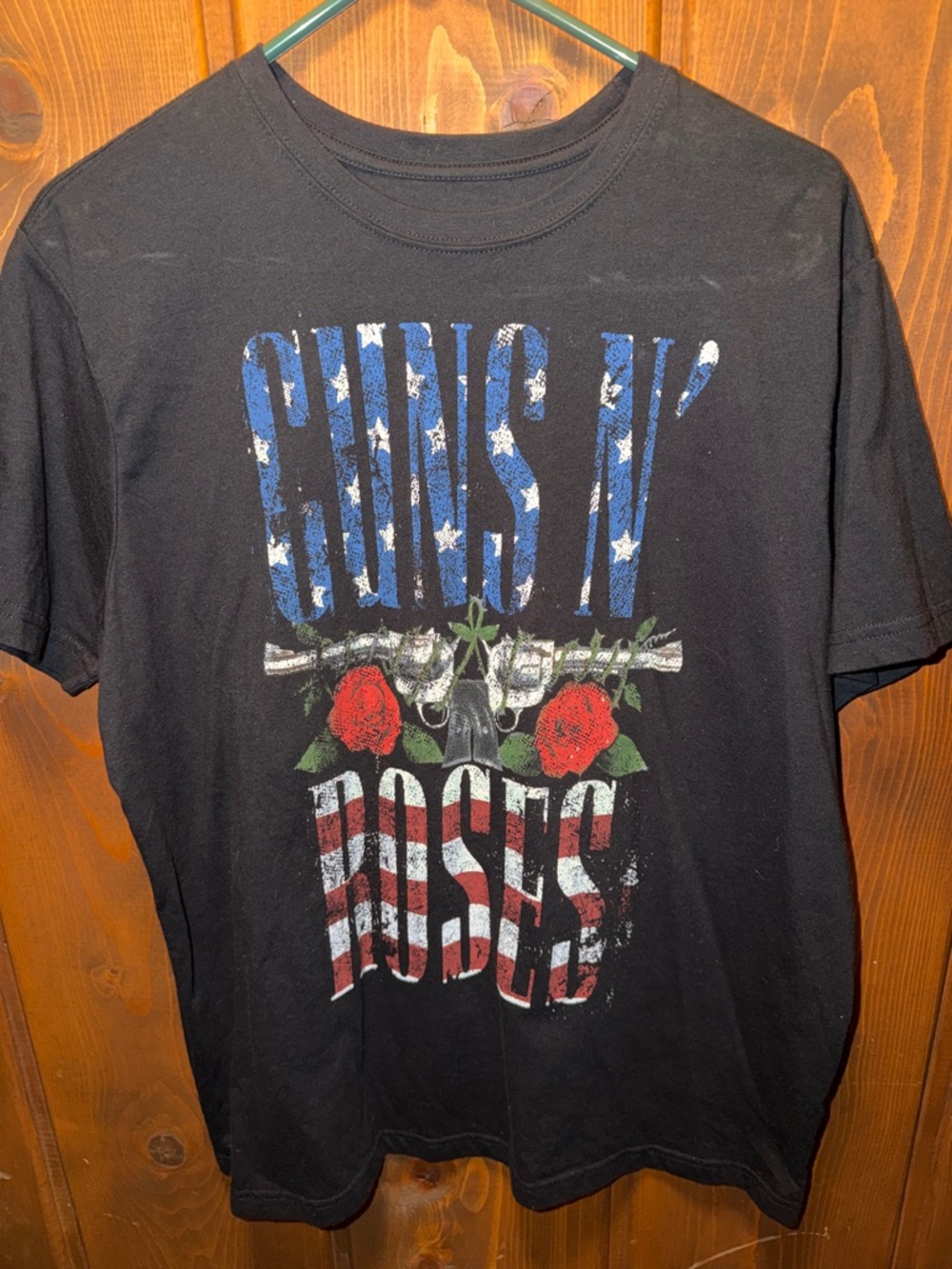 Black Guns N' Roses Graphic Tee with Red & Blue Print